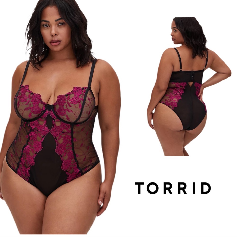 NEW TORRID MESH BERRY PINK EMBROIDERED BODYSUIT